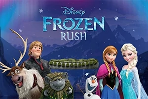 Personazhe të animuara në sfond malor me aurora borealis, përfshirë një renë, një njeri prej dëbore dhe dy motra me maska të zbukuruara