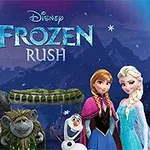 Personazhe të animuara në sfond malor me aurora borealis, përfshirë një renë, një njeri prej dëbore dhe dy motra me maska të zbukuruara