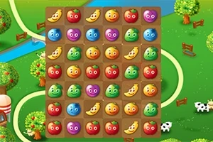 Fruta të ndryshme me fytyra vizatimore në rreshta dhe kolona, mbi një sfond të gjelbër me pemë dhe një lumë