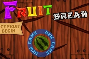 Një sfond prej druri me fjalët Fruit Break në ngjyra të ndezura dhe një shalqin të prerë brenda një rrethi