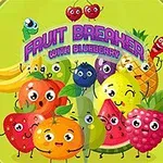 Fruta të vizatuara me fytyra të lumtura dhe ngjyrash të ndryshme mbi një sfond jeshil