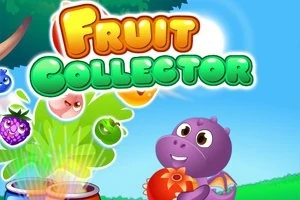Kafshë simpatike ngjyrë vjollcë mban një frutë në krah me tekstin Fruit Collector mbi të, të rrethuar nga fruta të tjera shumëngjyrëshe