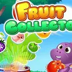 Kafshë simpatike ngjyrë vjollcë mban një frutë në krah me tekstin Fruit Collector mbi të, të rrethuar nga fruta të tjera shumëngjyrëshe