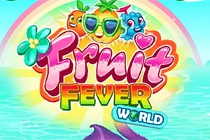 Logo me fruta të vizatuara dhe ngjyra të ndritshme mbi një sfond me ylber dhe det