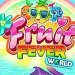 Logo me fruta të vizatuara dhe ngjyra të ndritshme mbi një sfond me ylber dhe det