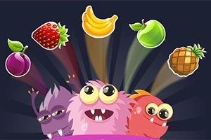 Tre krijesa të lezetshme me ngjyra të ndryshme nën një grup frutash si luleshtrydhe, banane, mollë, kumbull dhe ananas
