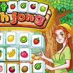 Një ilustrim me fruta të ndryshme dhe një vajzë me flokë të gjata në një mjedis pyjor