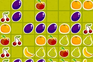 Fruta të ndryshme si qershi, kumbulla, portokalle, mollë, banane dhe dardha të vendosura në një sfond me ngjyra të ndara në katrorë