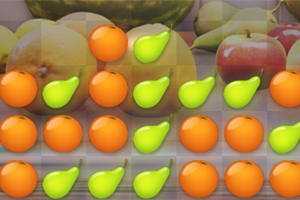 Fruta të animuara si dardha dhe portokalle, të vendosura në një rrjet, me sfond të zbehtë frutash reale