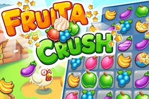 Logo shumëngjyrësh me fruta dhe tabelë loje që përmban fruta të ndryshme, si banane, rrush dhe mollë