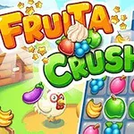 Logo shumëngjyrësh me fruta dhe tabelë loje që përmban fruta të ndryshme, si banane, rrush dhe mollë
