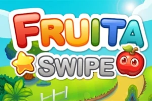 Një sfond me pemë dhe një rrugicë në një peizazh me diell, me tekstin FRUITA SWIPE në ngjyra të gjalla dhe një grafikë në formë ylli dhe molle