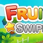 Një sfond me pemë dhe një rrugicë në një peizazh me diell, me tekstin FRUITA SWIPE në ngjyra të gjalla dhe një grafikë në formë ylli dhe molle