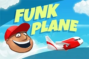 Një avion i kuq dhe i bardhë fluturon në qiell, me një fytyrë të buzëqeshur dhe kapelë të kuqe pranë tekstit FUNK PLANE
