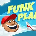 Një avion i kuq dhe i bardhë fluturon në qiell, me një fytyrë të buzëqeshur dhe kapelë të kuqe pranë tekstit FUNK PLANE