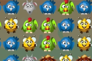 Imazhi paraqet një grup kafshësh të stilizuara dhe shumëngjyrëshe si zogj blu, bletë të verdha, papagaj të gjelbër dhe ujq gri të rreshtuara në modele