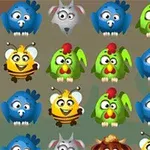 Imazhi paraqet një grup kafshësh të stilizuara dhe shumëngjyrëshe si zogj blu, bletë të verdha, papagaj të gjelbër dhe ujq gri të rreshtuara në modele