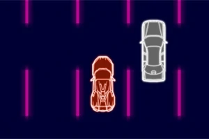 Dy makina me dritë neon të kuqe dhe të bardhë në një pistë të errët me vija rozë