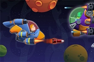Një njeri në një anije kozmike blu përballë një krijese jeshile në një anije me kupolë në hapësirë me planete në sfond