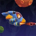 Një njeri në një anije kozmike blu përballë një krijese jeshile në një anije me kupolë në hapësirë me planete në sfond
