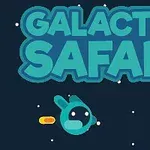 Një hapësirë e errët me tekstin Galactic Safari, një personazh vizatimor blu dhe një raketë me një sy