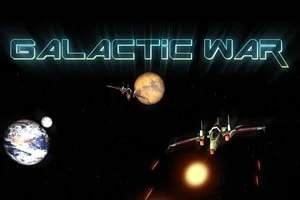 Teksti GALACTIC WAR mbi një sfond hapësinor me planetë dhe anije kozmike