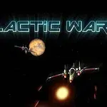 Teksti GALACTIC WAR mbi një sfond hapësinor me planetë dhe anije kozmike