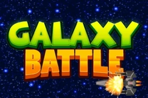 Tekst i stilizuar Galaxy Battle mbi një sfond yjesh me një aeroplan kozmik që gjuan në cepin e djathtë poshtë