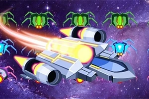 Anije kozmike futuriste me drita të ndezura që fluturon në hapësirë përballë insekteve robotike jeshile dhe blu