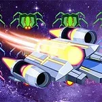 Anije kozmike futuriste me drita të ndezura që fluturon në hapësirë përballë insekteve robotike jeshile dhe blu