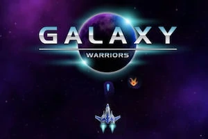 Teksti Galaxy Warriors mbi një sfond hapësinor me një anije kozmike poshtë