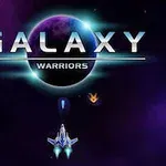 Teksti Galaxy Warriors mbi një sfond hapësinor me një anije kozmike poshtë