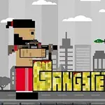Dy figura pixel art me armë qëndrojnë përballë njëra-tjetrës mbi shkronja të mëdha dhe të verdha që formojnë fjalën GANGSTERS, në sfondin e një qyteti me ndërtesa gri