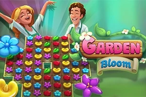Dy personazhe të gëzuar qëndrojnë përpara një tabele me lule shumëngjyrëshe dhe një logoje që përmban fjalët Garden Bloom