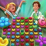 Dy personazhe të gëzuar qëndrojnë përpara një tabele me lule shumëngjyrëshe dhe një logoje që përmban fjalët Garden Bloom