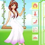 Vajzë me fustan të bardhë në një lisharëse, me opsione stilimi për flokët dhe veshjet të shfaqura anash