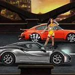 Dy makina sportive dhe një grua me veshje garash në pistë, me një sfond urban gjatë perëndimit të diellit