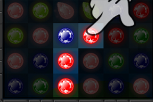 Një dorë që tregon një panel me sfera ngjyrë blu dhe të kuqe të vendosura në një rrjetë