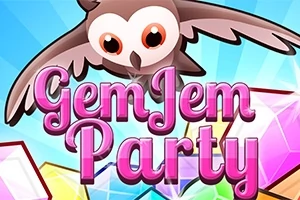 Një buf me sy të mëdhenj fluturon mbi një sfond me gurë shumëngjyrësh dhe mbishkrimin Gem Jem Party me shkronja rozë