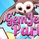 Një buf me sy të mëdhenj fluturon mbi një sfond me gurë shumëngjyrësh dhe mbishkrimin Gem Jem Party me shkronja rozë