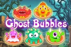 Pesë krijesa me ngjyra të ndryshme dhe të çuditshme mbi sfondin e një pylli të errët me tekstin Ghost Bubbles