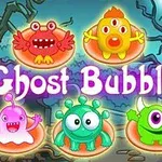 Pesë krijesa me ngjyra të ndryshme dhe të çuditshme mbi sfondin e një pylli të errët me tekstin Ghost Bubbles