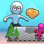 Figurë vizatonike me personazh të madh qëndron prapa një platforme shahu, ku një personazh i vogël rozë po vrapon pranë dy pemëve 3D