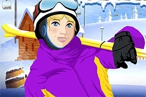 Një person me veshje dimërore dhe ski në sup, qëndron para një peizazhi të mbuluar me borë dhe një shtëpi malore në sfond