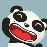 Panda vizatimor me shikim të gëzuar dhe sfond të kaltër