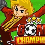 Një portier me flokë të verdhë në uniformë të kuqe, me dorashka gri, që kap një top futbolli, me tekstin Goal Champion dhe tre yje mbi të