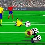Një lojtar futbolli në fushë duke bërë një pasim, ndërkohë që një top është në ajër dhe një palë doreza portieri pranë tij