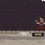 Një minator me një kazmë, në një minierë me blloqe të ngjyrosura në të majtë dhe tregues pikësh poshtë