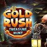 Një minator me helmetë dhe llambë mban një qëndrim të vendosur përkrah një logoje me mbishkrimin Gold Rush Treasure Hunt në sfondin e një shpelle