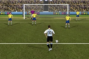Një lojtar futbolli me fanellë të bardhë dhe numrin 10 përgatitet të gjuajë një penallti kundër një portieri dhe katër lojtarëve me fanella të verdha, para portës